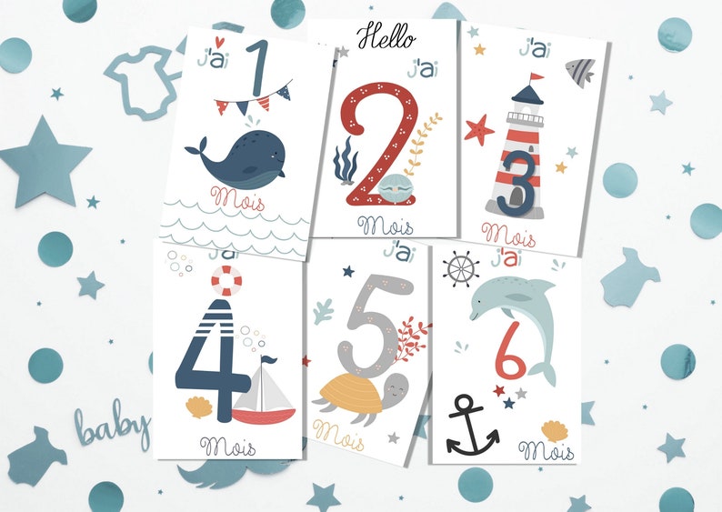 Cartes étapes bébé thème océan, naissance, souvenirs bébé première année image 1