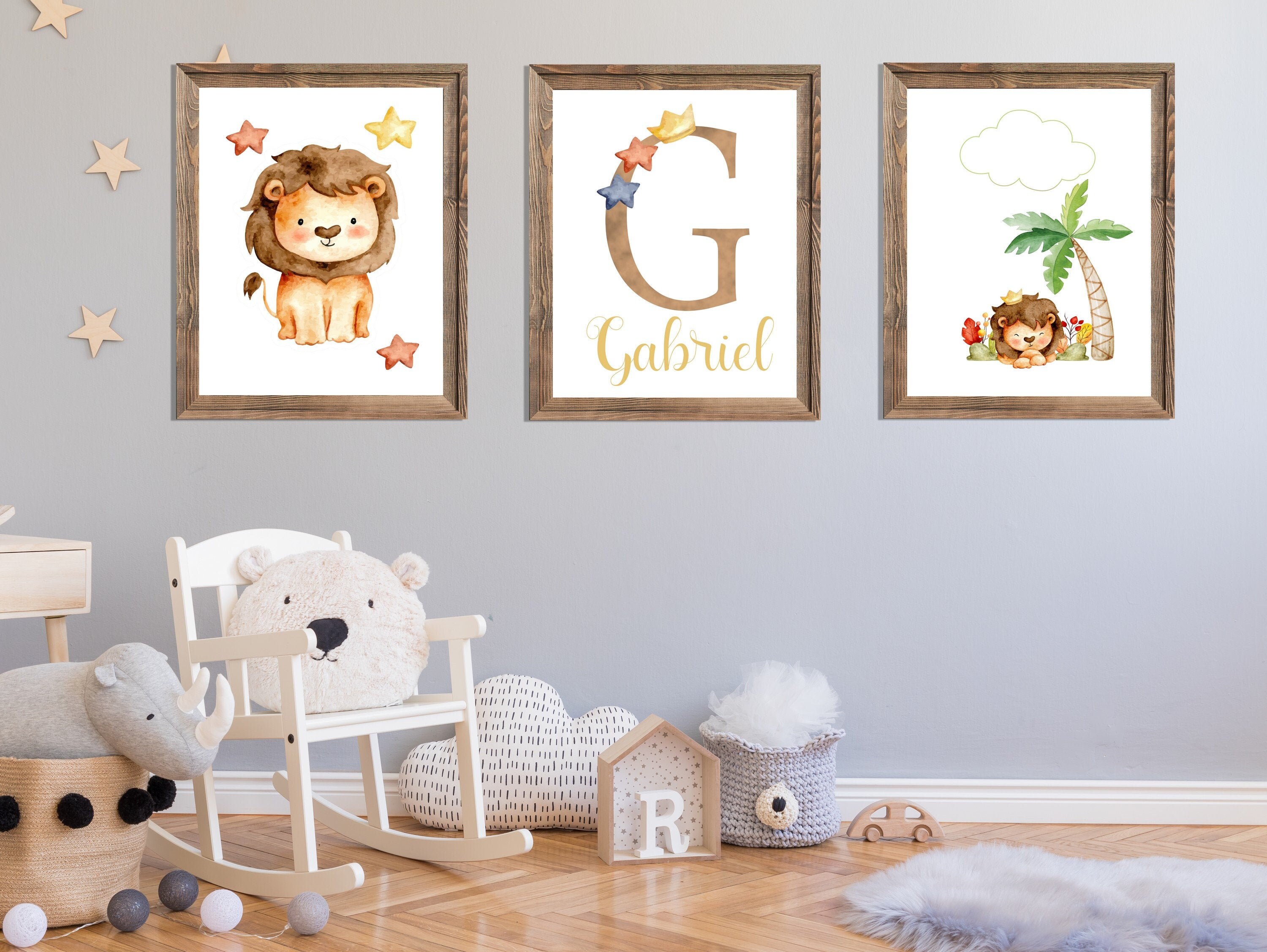 Poster Lettre Prenom, Triptyque Affiche Lion, Décoration Chambre Enfant,