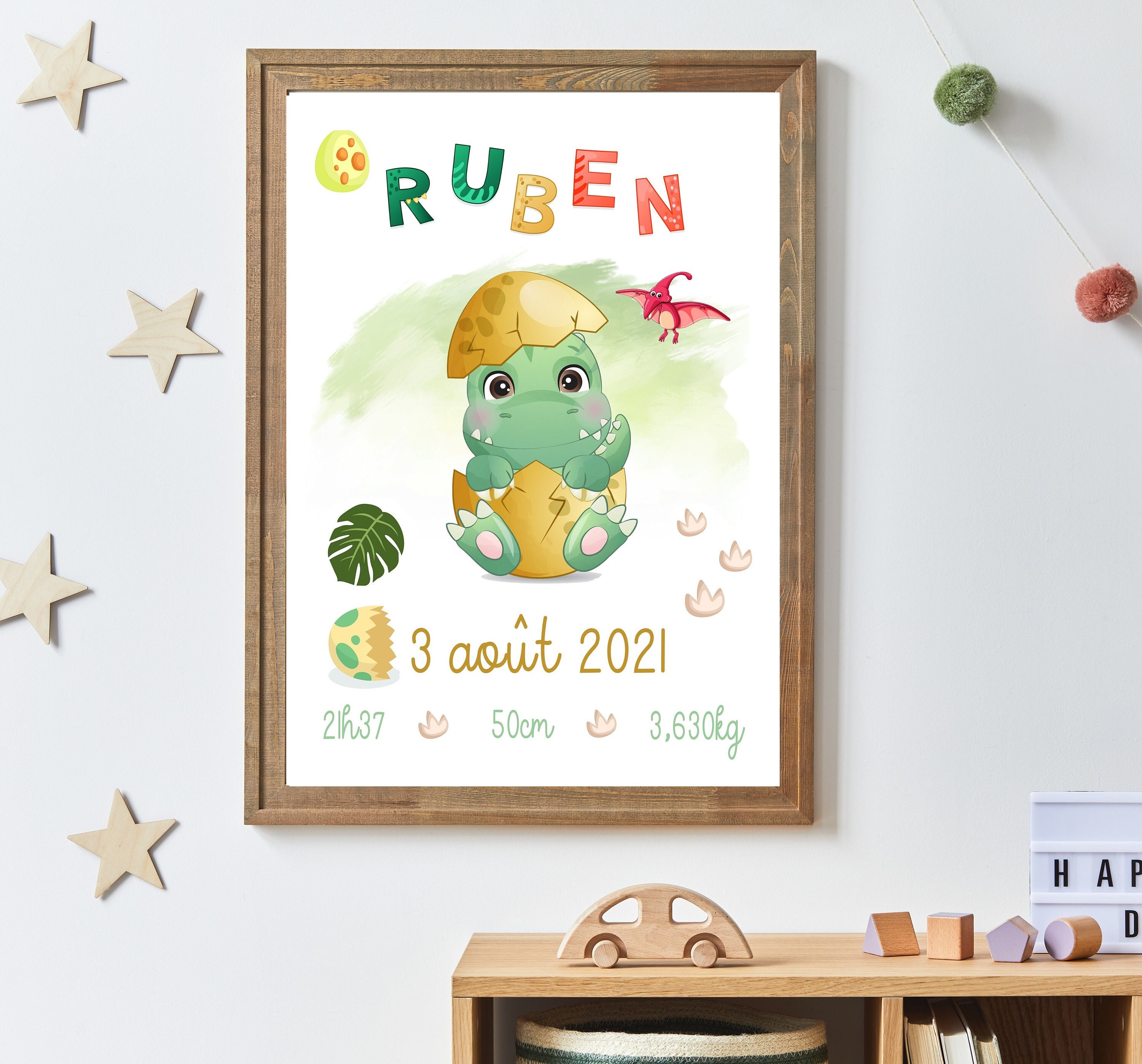 Affiche Naissance Personnalisée Dinosaure, Poster Chambre Enfant
