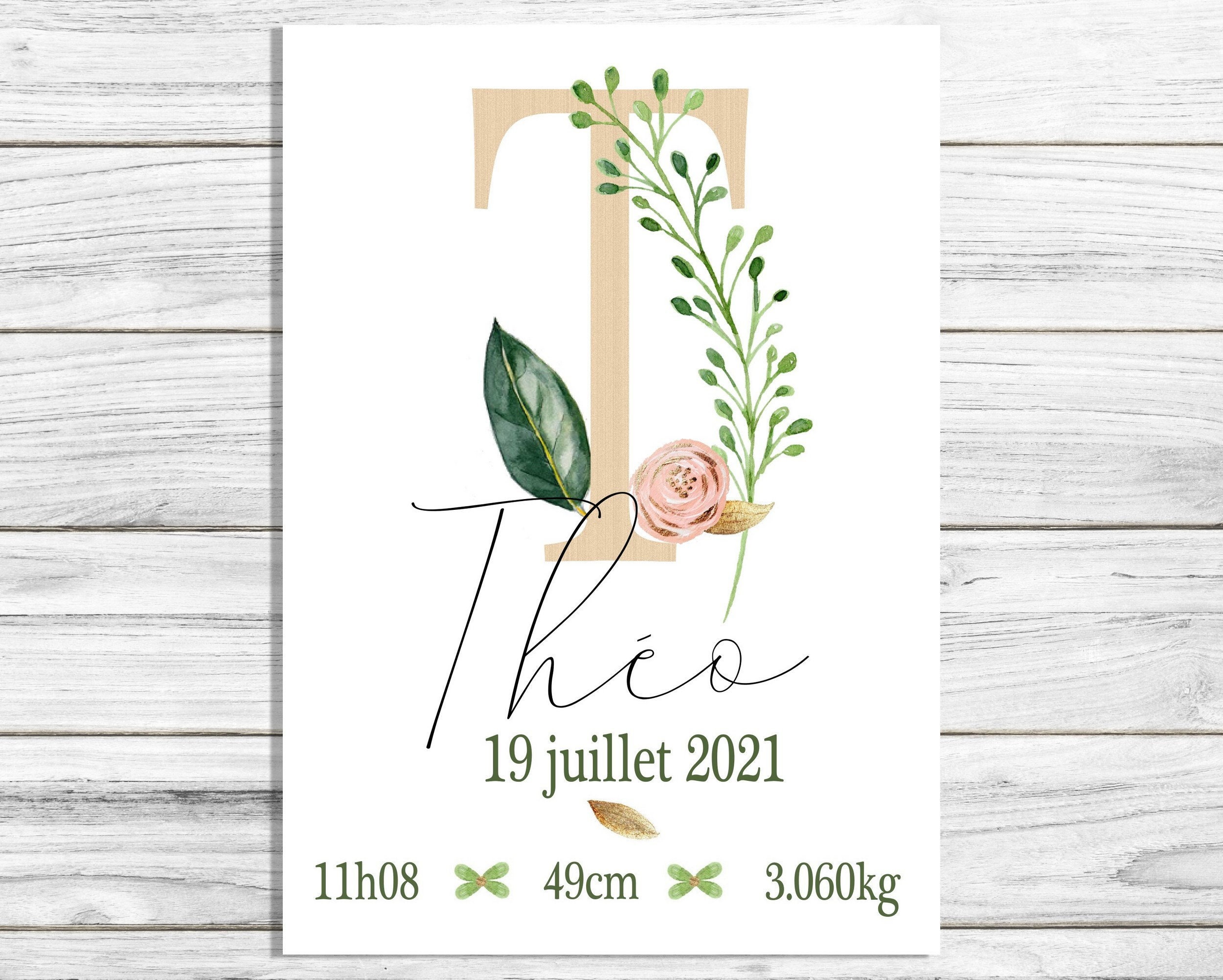 Affiche Naissance Personnalisée avec Initiale Prénom, Affiche Chambre Bébé, Cadeau Bébé