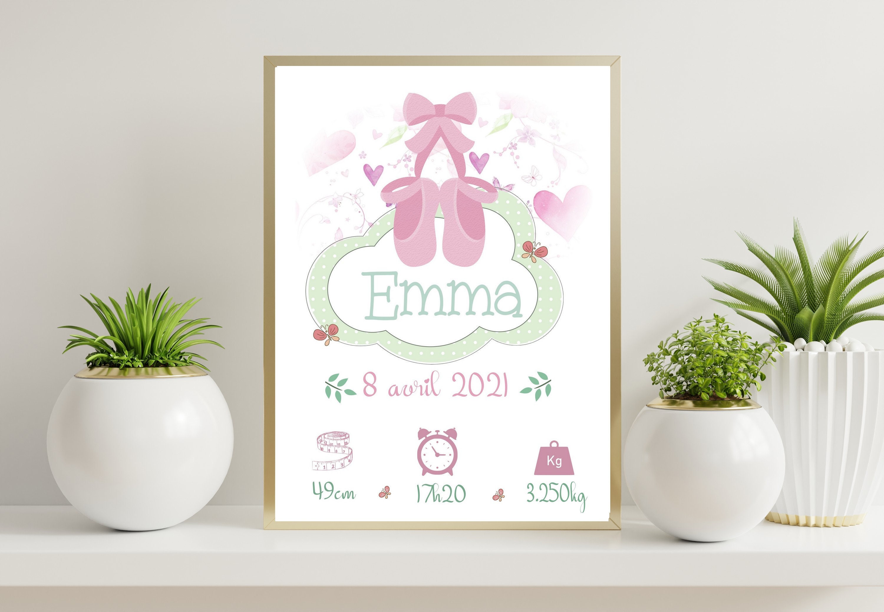 Affiche Naissance Personnalisée, Affiche Fille Ballerine, Décoration Chambre Enfant