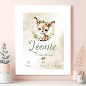 Affiche naissance personnalisée, affiche bébé biche, animal de la forêt , cadeau pour bébé, affiche bébé