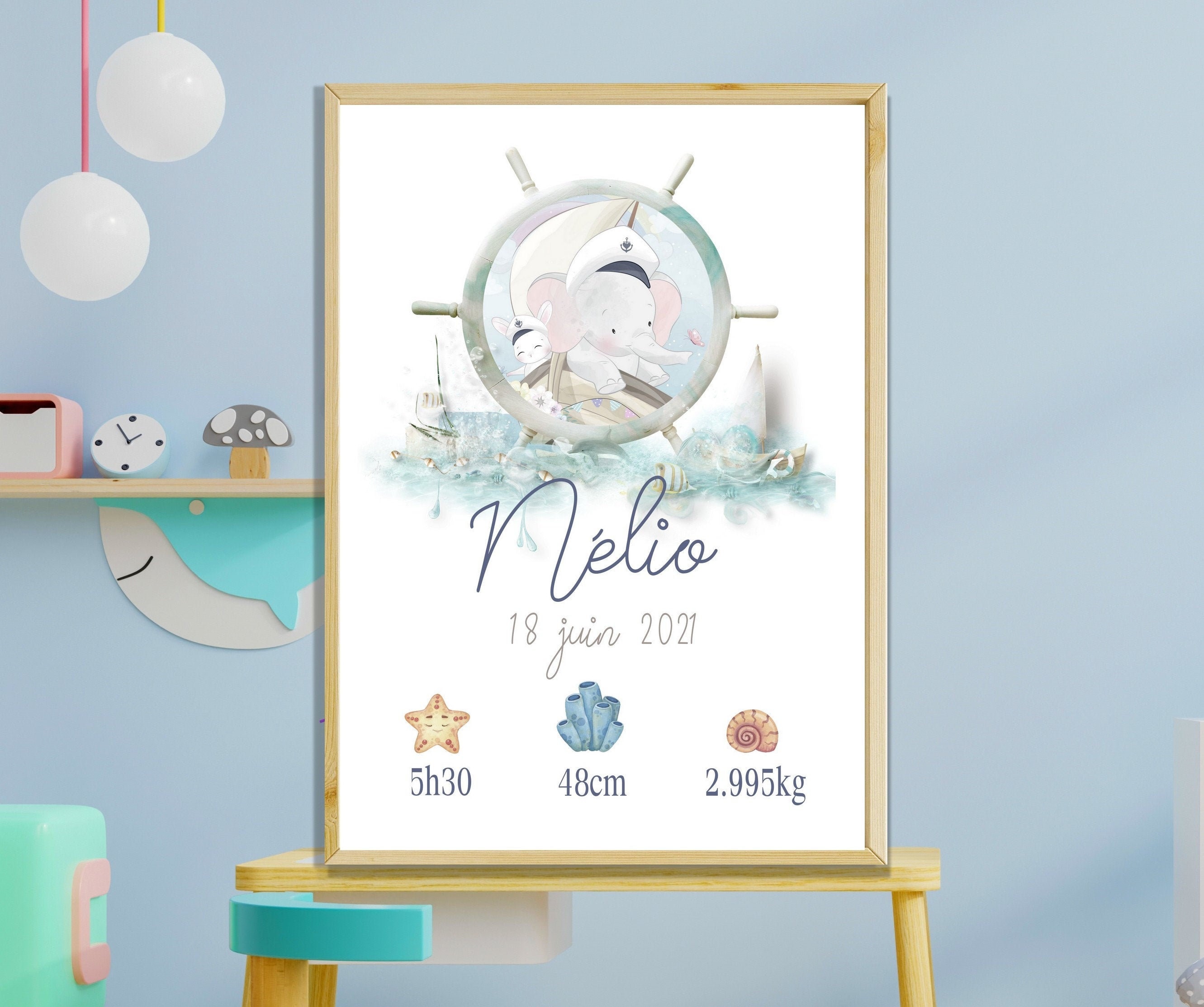 Affiche Naissance Personnalisée Thème Océan, Décoration Murale, Chambre Bébé