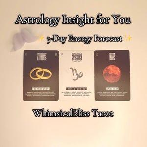 May include: Three tarot cards with astrology themes. The cards display the text "7th House", "Capricorn", and "Mars". The image also includes the text "Astrology Insight for You" and "3-Day Energy Forecast". The brand name "WhimsicalBliss Tarot" is also visible.