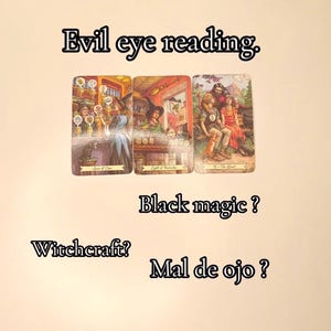 May include: Three tarot cards with colorful illustrations are displayed. The text "Evil eye reading" is at the top. Below the cards, the text reads "Black magic?" and "Witchcraft?" and "Mal de ojo?"