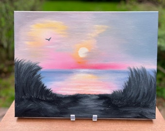 Amanecer en el océano - Pintura al óleo original inspirada en Bob Ross