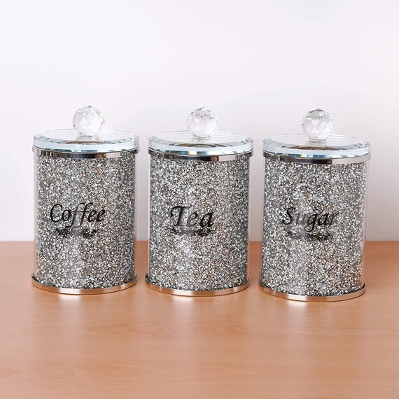 New square Design Crushed Diamond Tea Coffee Sugar Cannisters bling diamante