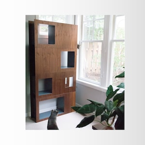 Cat Case - Modern Cat Tower Bookcase, Multi-Level Cat Tree for Indoor Cats, Wooden Pet Furniture Contemporary Cat Condo with Scratching Pad
