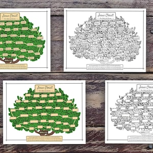 May include: Four versions of a Jesus Christ genealogy tree chart, including two filled-in versions and two blank templates. The designs feature a green tree illustration with text boxes for names, the title Jesus Christ, and a Bible verse citation.