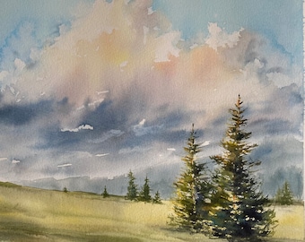 May include: Watercolor painting of a landscape with a cloudy sky and three pine trees in the foreground. The sky is a light blue with a large white cloud in the center. The trees are dark green and stand out against the light background.