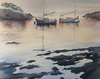 Aquarelle "Bateau et mer"