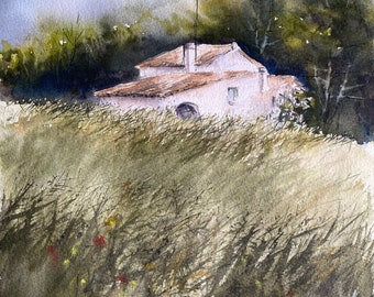 1 Original-Aquarell „Haus auf den Feldern“