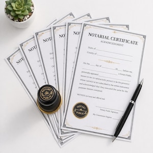 May include: A collection of notary public documents with decorative borders, a notary stamp, and a black pen. The documents are white with black text, including the words "NOTARIAL CERTIFICATE". A small succulent plant in a white pot is in the background.