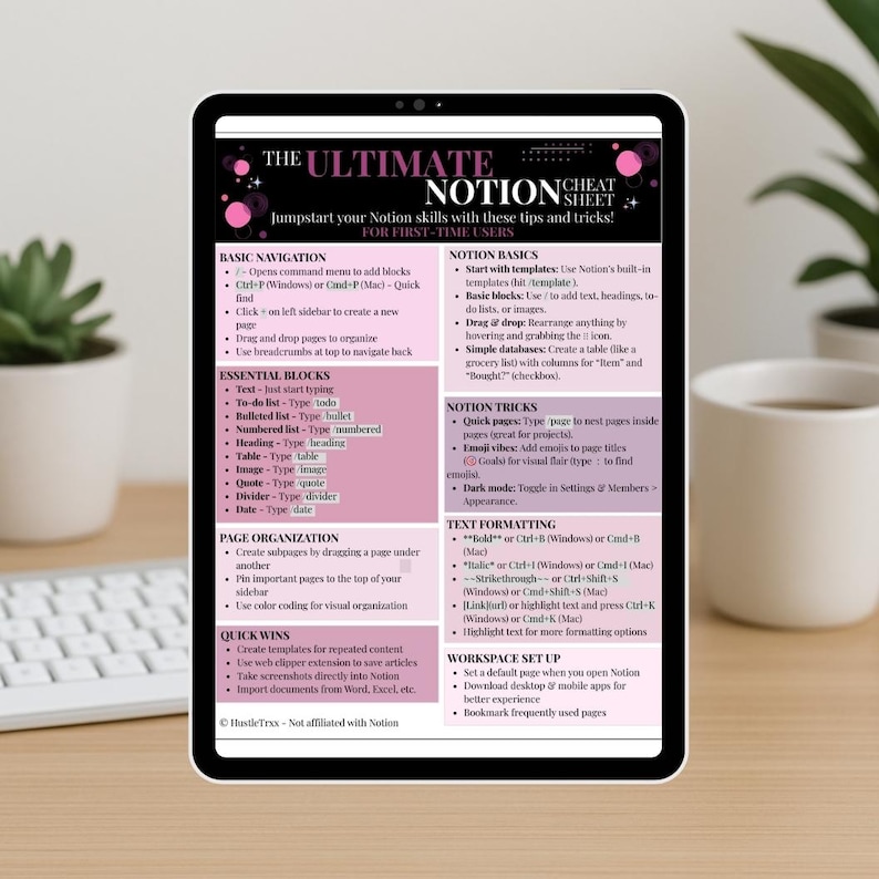 May include: A digital tablet displays a Notion cheat sheet with tips for first-time users. The guide covers basic navigation, essential blocks, page organization, and quick wins. It also includes Notion basics, tricks, text formatting, and workspace setup.