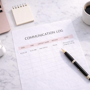 May include: A workspace setup with a laptop, notepad, and a printed "COMMUNICATION LOG" document. A pen, a cup of coffee, and wireless earbuds are also present. The document includes fields for date, time, contact name, method, and notes.