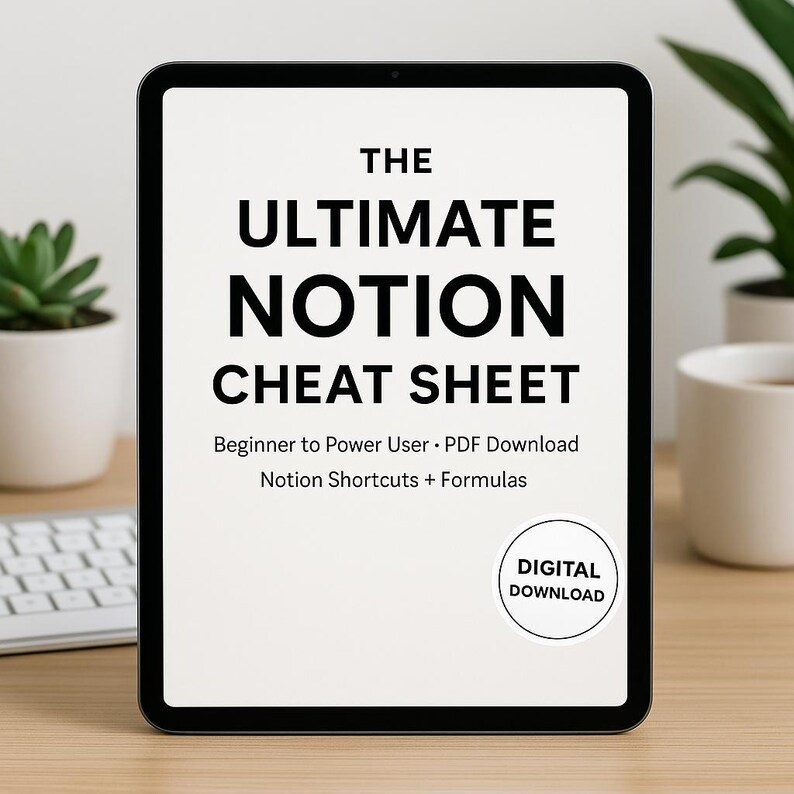 May include: A black tablet displays "THE ULTIMATE NOTION CHEAT SHEET" in bold black text. Below, it reads "Beginner to Power User &bull; PDF Download" and "Notion Shortcuts + Formulas." A white circle with "DIGITAL DOWNLOAD" is in the bottom right.