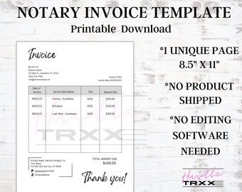 Notary Invoice | Notary Public Signing Agent | Notary Supplies | Printable Template | Notary Invoice Template | Instant Download