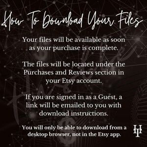 May include: A dark background with white text that reads "How To Download Your Files." The text provides instructions on how to access purchased files, including where to find them in an Etsy account and the need for a desktop browser.