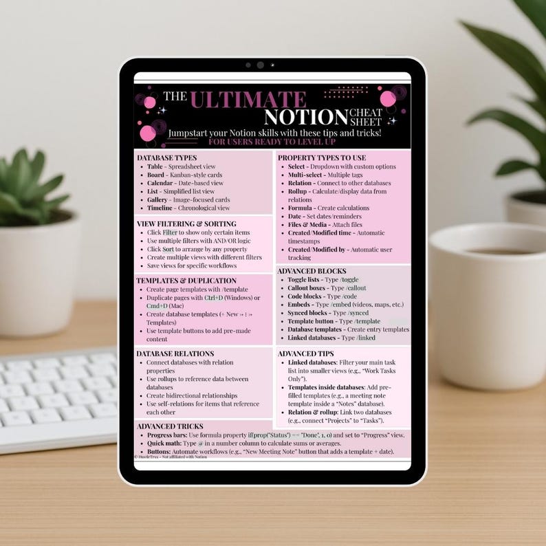 May include: A digital tablet displays a Notion cheat sheet with tips and tricks. The guide covers database types, property types, advanced blocks, and advanced tips. Text includes "The Ultimate Notion Cheat Sheet" and "Jumpstart your Notion skills".