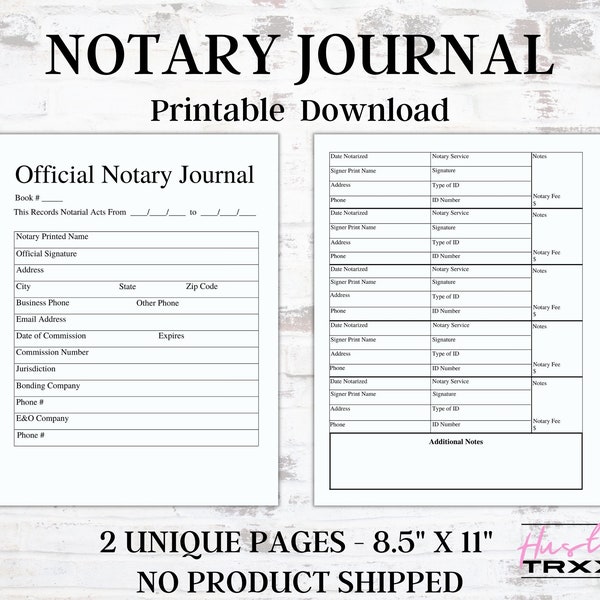 Notary Journal | Notary Public Signing Agent | Notary Supplies | Printable Template | Record Log Book | Instant Download