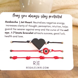 Azabache heart bracelet,  Evil eye bracelet, Nazar, Mal de ojo, red string protection bracelet, 7 nudos, 7 knots bracelet with Silver beads