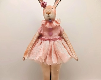 Vintage Style Textile Bunny Ballerina on Stand • Handmade Interior Art Doll