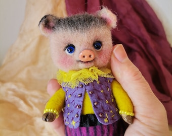 Wool Felted Pig Doll: Vintage Style Collectible Toy