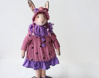 Vintage Style Bunny Doll, Miniature Textile Art, 1/12 Scale