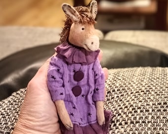Vintage Style Textile Donkey Doll: Lilac Dress, Handmade Toy