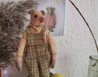 Textile doll pig, teddy stuffed animal doll, interior toy, country style pig toy, Christmas gift, home decor, wall decor