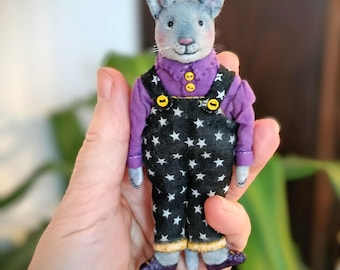 Miniature Cat Art Doll, Starry Overalls, Vintage Style, 5 inch