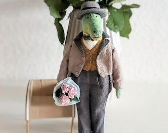 Vintage Style Crocodile Teddy Doll: Handmade Flannel Interior Toy