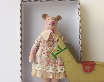 Pig, textile doll, rustic-style interior toy, 1/12 miniature