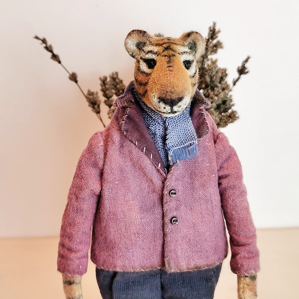 Tiger textile doll in vintage style, teddy doll, OOAK, interior toy, Shelf decor, Wall decor