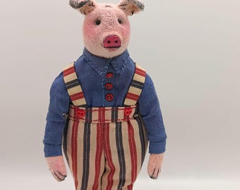 Textile miniature pig doll on a stand, Teddy plush doll for a dollhouse, size 1/12