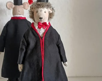 Vintage Textile Hedgehog Doll, Academic Robe, Graduation Cap