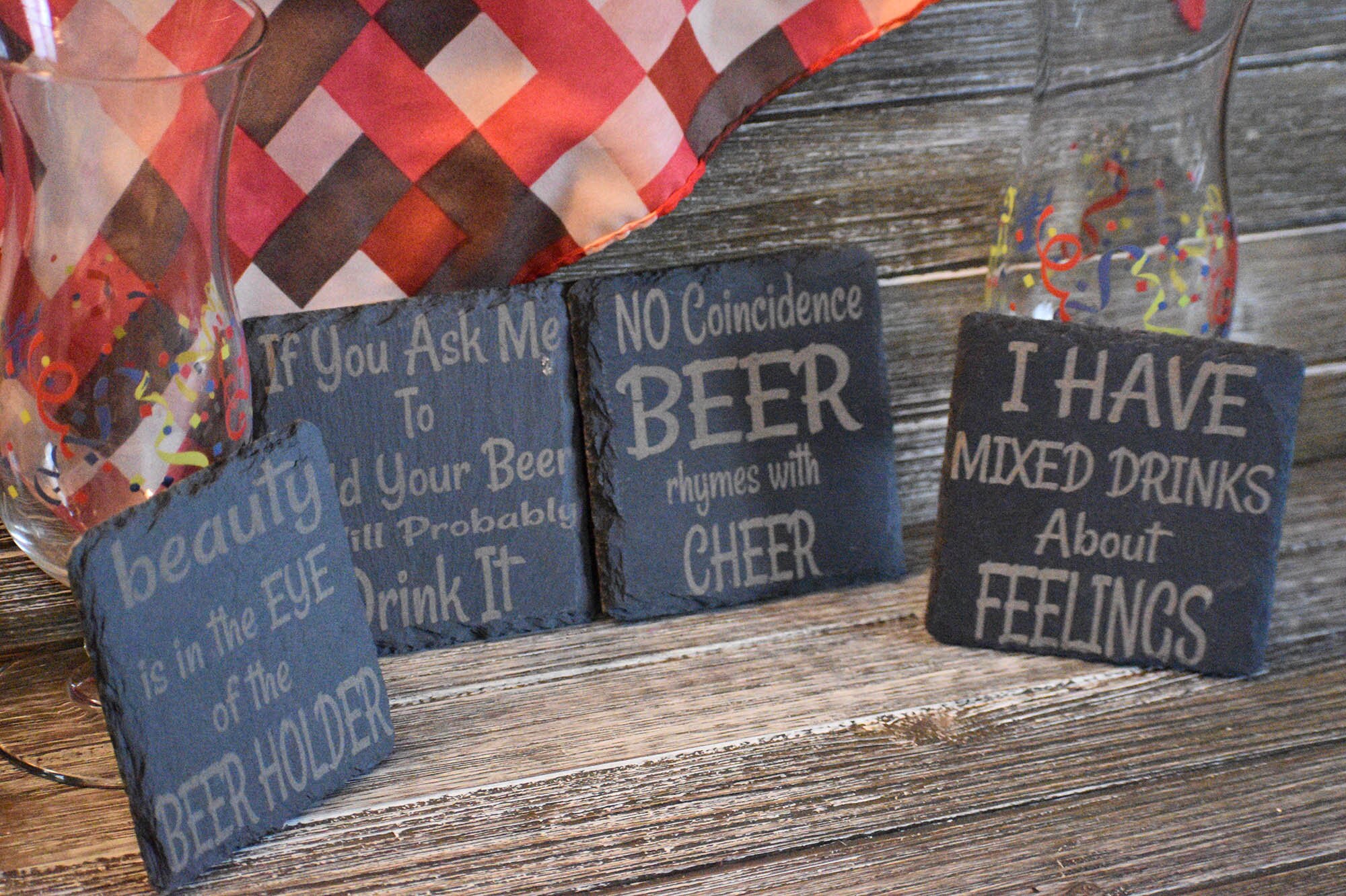 Real Slate Engraved Coasters/set of 4 Bar Coasters/ Slate Coasters