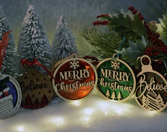 Christmas ornament set/Set of five holiday Christmas tree ornaments/Wood Christmas tree ornaments