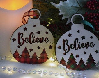 Believe round Christmas tree ornament/set of two/Wood Christmas decoration/Stocking stuffer