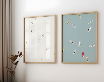 Cozy Ski Cabin + Beach House Art Prints - Set of 2 - Digital Download - Mini Skiers on the Mountain & Mini Surfers on the Ocean