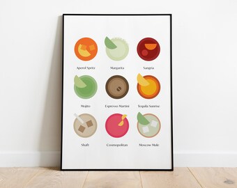 May include: A printable poster with illustrations of nine different cocktails. The cocktails are arranged in a grid of three rows and three columns. Each cocktail is labeled with its name: Aperol Spritz, Margarita, Sangria, Mojito, Espresso Martini, Tequila Sunrise, Shaft, Cosmopolitan, and Moscow Mule.