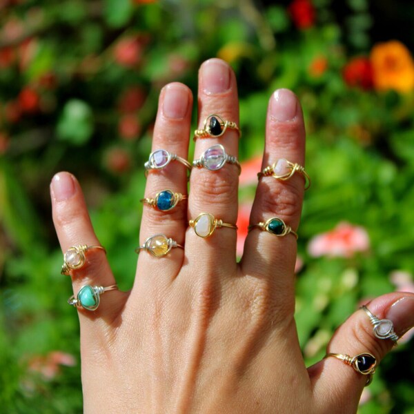 Dainty Crystal Rings ~ wire wrapped authentic gemstone rings for men and women multi color multi size