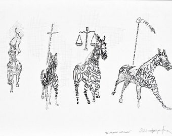 Four Horsemen Original Drawing Apocalypse Theme ONE OF A KIND  Modern Art Gift Idea for Collectors and Art lovers Word Drawing No lines