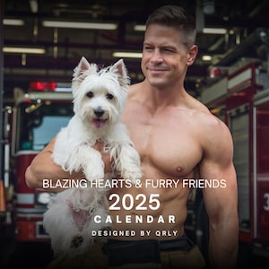 2025 Blazing Hearts And Furry Friends Calendar - Firefighter Muscular Hunks & Dogs Wall calendars Gay Gift - LGBTQ Gift - Bachelorette