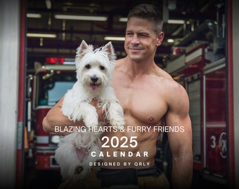 2025 Blazing Hearts And Furry Friends Calendar - Firefighter Muscular Hunks & Dogs Wall calendars Gay Gift - LGBTQ Gift - Bachelorette