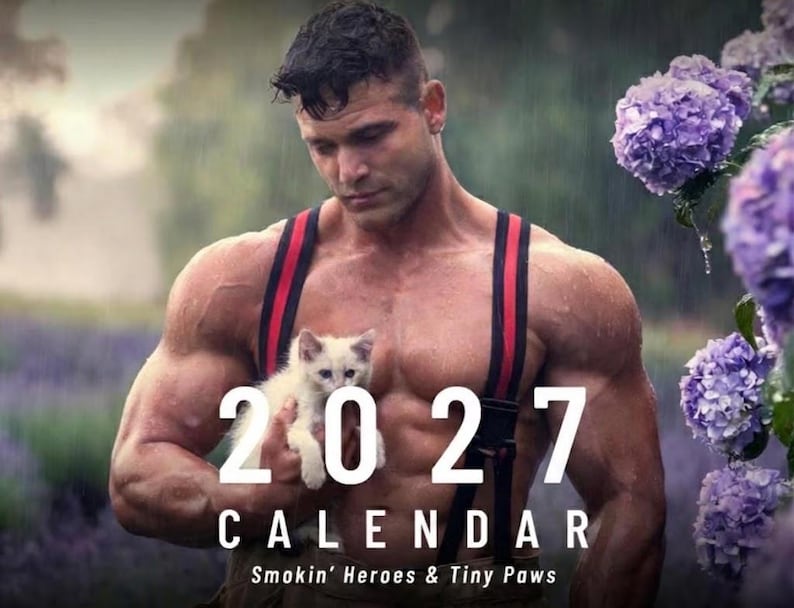 2027 Hunk Firefighter & Kitten Calendar – Gay Gift, Bachelorette Gift image 1