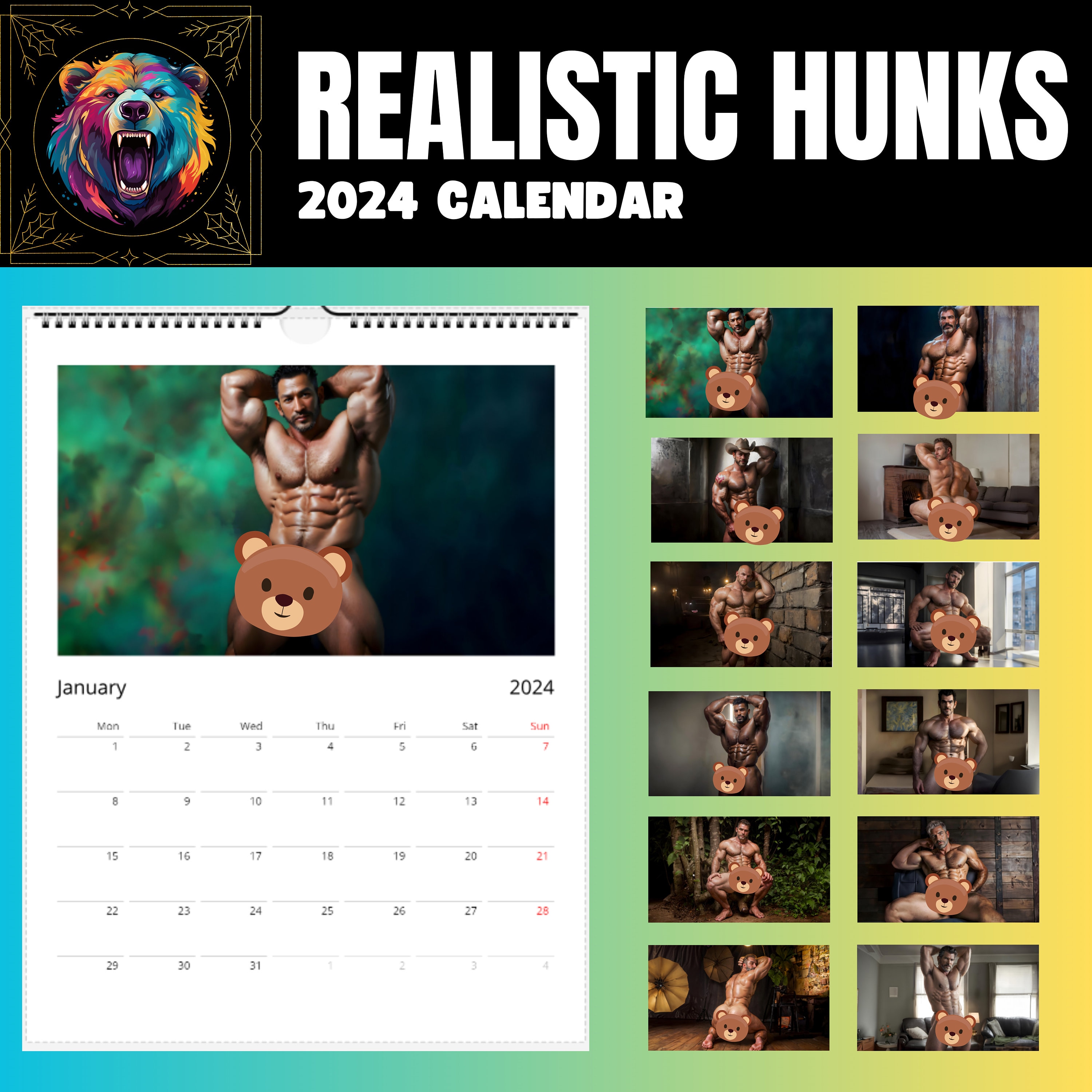20242025 Gay Calendar Gift Realistic Daddy Bear Muscle Dilf Art Wall