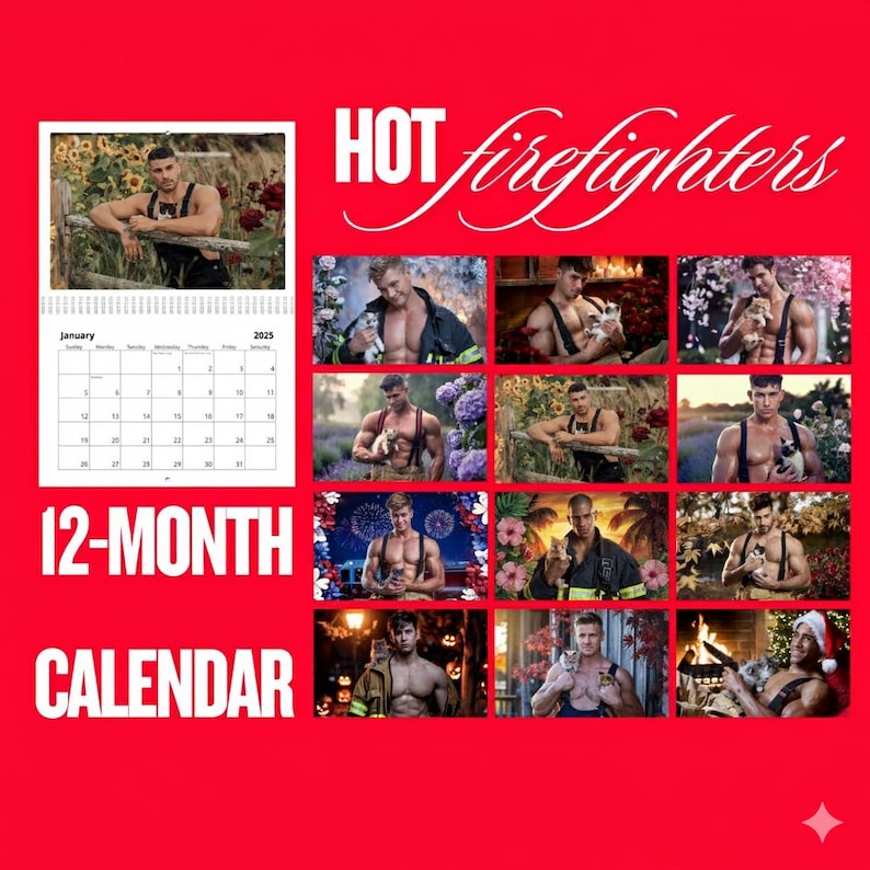 2027 Hunk Firefighter & Kitten Calendar – Gay Gift, Bachelorette Gift image 3