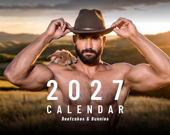 Beefcakes & Bunnies 2027 Kalender – Muskulösa Hunks med Bedårande Kaniner | Väggkalender för Sexiga Män | Gaypresent | HBTQ Möhippapresent