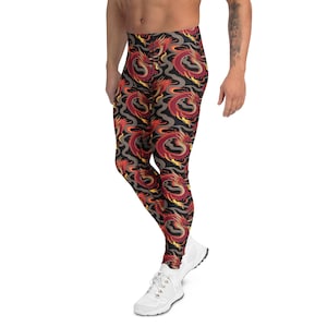 Dragon Fade Men’s Leggings – Red Dragon Meggings, Martial Arts Cosplay Pants, Tattoo Style Gymwear